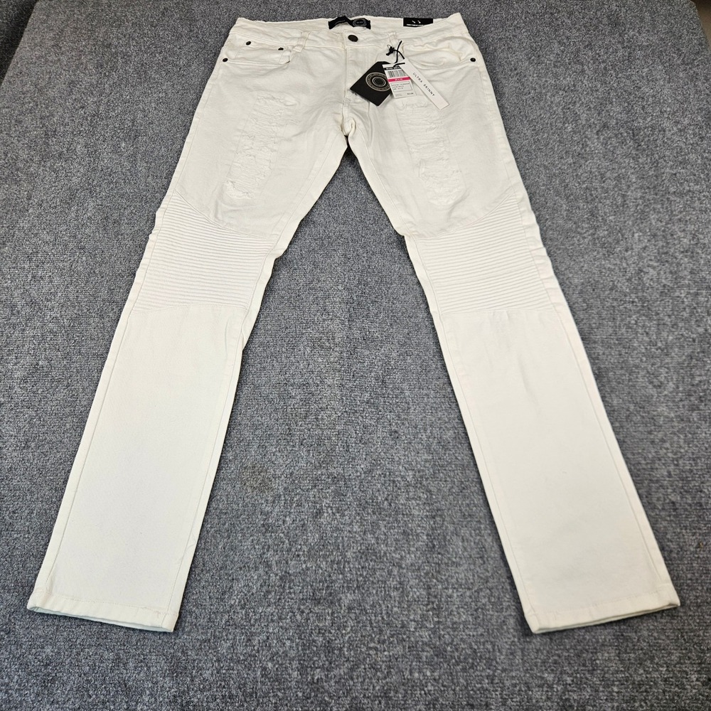 Maxi Milian Mens Ultra Skinny Biker Jeans‎ White Distressed Moto Denim 32x32 NEW